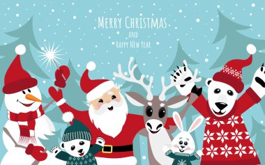 Noel Baba, geyik, ayılar, kardan adam ve tavşan ile tebrik pankartı. Mutlu Noeller ve yeni yıl.