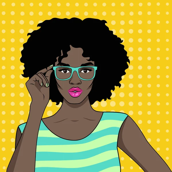 年轻美丽的非裔美国女人流行艺术风格 黄色背景上的矢量图像 — 图库矢量图片