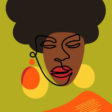 Küpeli Afrikalı bir kızın soyut portresi, tek bir satırla çizilmiş. Modern sanat. Yazdırma, afiş, el ilanı şablonu.