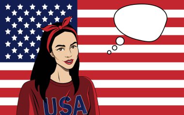 Amerikan bayrağının arka planında gülümseyen kız. Amerika 'nın bağımsızlığı. Popüler sanat tarzında vektör görüntüsü. Pankartlar, el ilanları, kartpostallar için şablon.