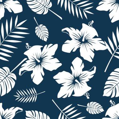 Hawaii çiçekleri ve palmiye yaprakları gibi pürüzsüz bir desen.