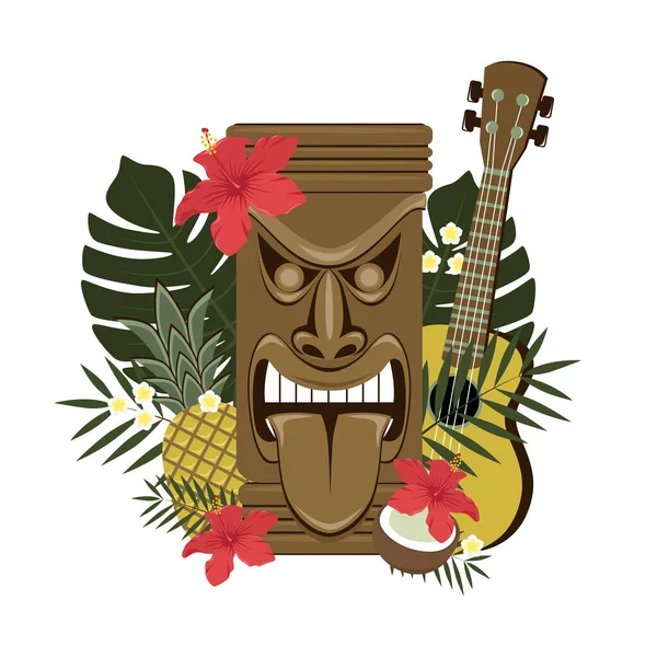 Деревянная Гавайская Скульптура Тики Цветами Гибискуса Плюмерией Пальмовыми Листьями Гитарой — стоковый вектор