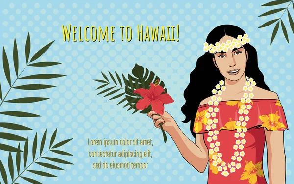 Bella Ragazza Con Fiore Mano Invito Alle Hawaii Immagine Vettoriale — Vettoriale Stock