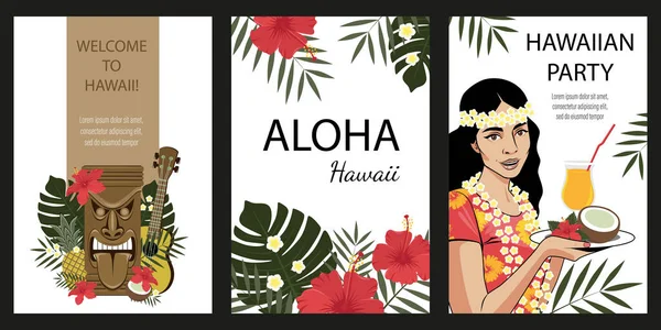 Gyönyörű Hawaii Képeslapok Képeslapok Tiki Szoborral Virágokkal Pálmalevéllel Egy Lány — Stock Vector