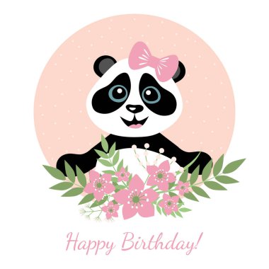 Çiçekli şirin bir pandanın vektör görüntüsü. Doğum günün kutlu olsun. Kartpostal, broşür, afiş için tasarım.