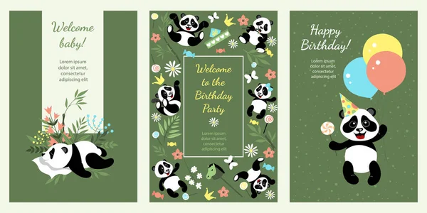 Egy Sor Üdvözlőlap Aranyos Pandák Képével Boldog Szülinapot Bannerek Szórólapok — Stock Vector