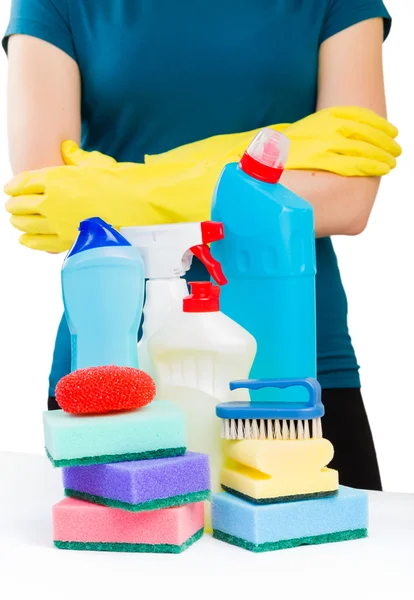 Plastic detergent bottles with sponges — Stock Photo, Image