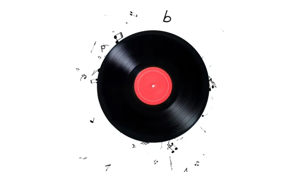 Vinyl record with a lot of notes. Vinyl record playing music — Stock Photo, Image