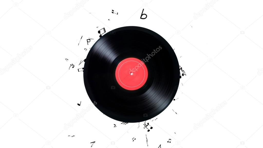 Vinyl record with a lot of notes. Vinyl record playing music