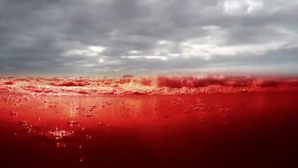 Кровавое море, океан, вода. Море крови и стремительно летающие облака — стоковое видео