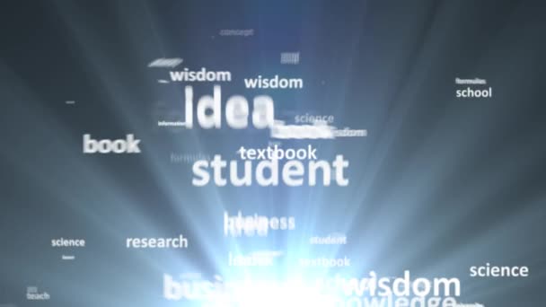 Close-up. The concept of the word education. Word cloud emitted light — Stock Video