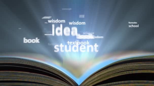 Close-up. Het concept van het woord-onderwijs. Woord wolk uitgestoten uit het boek — Stockvideo