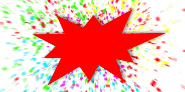 Rood teken over kleurrijke confetti achtergrond. — Stockvideo