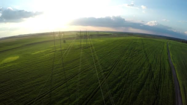 Voar sobre as linhas de energia. Voando sobre um campo agrícola — Vídeo de Stock