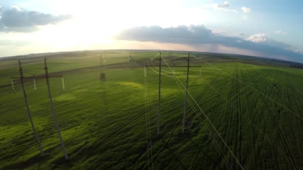 Sorvola le linee elettriche. Volare su un campo agricolo — Video Stock