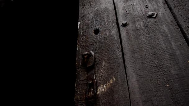 Відчиняються старі дерев'яні двері. Старі коричневі двері — стокове відео