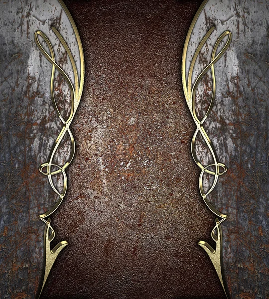 Old grunge brown background with rusty plate and gold edges. Design template. Design site — Stock Photo, Image