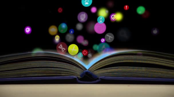 Libri aperti e icone della scienza. Il concetto di educazione moderna — Video Stock