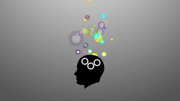 Человеческая голова и иконы науки. Концепция научных открытий. Идея обучения. Современные технологические решения — стоковое видео