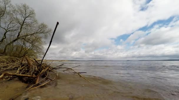 Kumlu sahilde dalgalar. Göl kıyısında plaj — Stok video