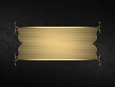 Grunge siyah arka plan ile bir altın plaka. Tasarım için öğe. Tasarım şablonu.