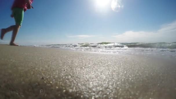 Gadis bahagia melompat di pantai pada waktu fajar. Air mencuci kamera. — Stok Video