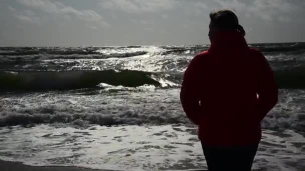 Mulher Sonhadora Desfrutando de uma incrível paisagem marinha. Tempestade no mar — Vídeo de Stock