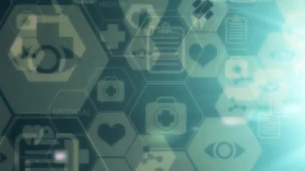 医療概念としての現代のコンピューター インターフェイス。医療のシンボルの表 — ストック動画