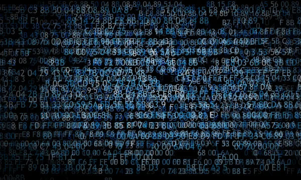 Código hexadecimal executando uma tela de computador em fundo preto. Dígitos azuis . — Fotografia de Stock