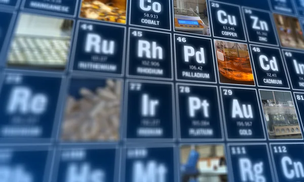 Tabla periódica de elementos y herramientas de laboratorio. Concepto científico . —  Fotos de Stock