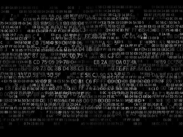 Codice esadecimale in esecuzione su uno schermo del computer su sfondo nero. cifre bianche . — Foto Stock