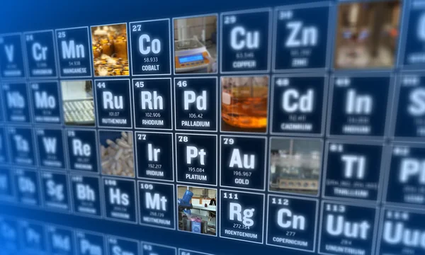 Tavola periodica degli elementi e degli strumenti di laboratorio. Concetto scientifico . Fotografia Stock