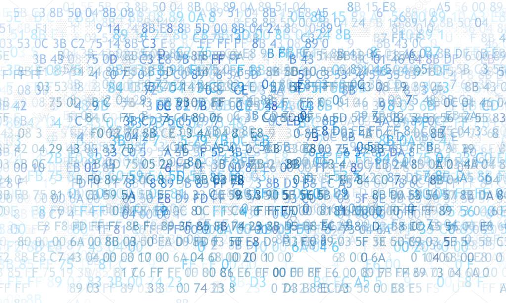 Hexadecimal code running up a computer screen on white background. Blue digits.