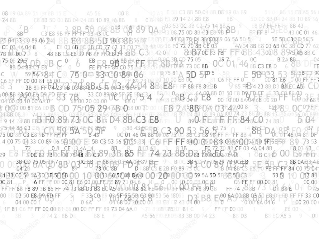 Hexadecimal code running up a computer screen on white background. Black digits.