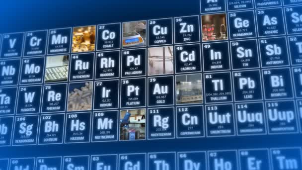 Tavola periodica degli elementi e degli strumenti di laboratorio. Concetto scientifico . — Video Stock