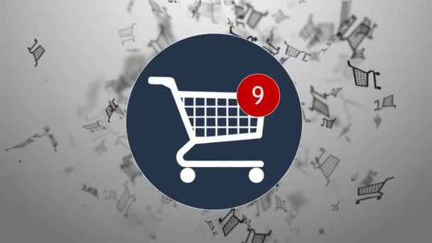 Shopping, shopping nel negozio online. Molti fanno shopping. icona del carrello di salto — Video Stock