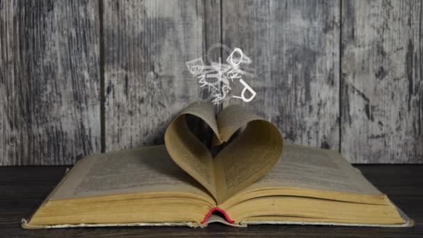 Concetto di amore per il libro. Lettere che volano fuori dal libro — Video Stock