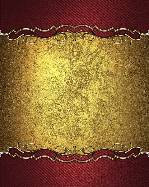 Gold nameplate for text with gold border on red texture. Template for design. copy space for ad brochure or announcement invitation, abstract background — ストック写真
