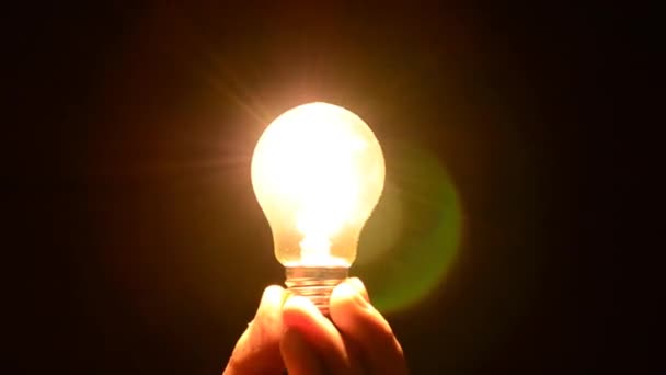 Hand holding een gloeilamp in het donker, de lamp brandt — Stockvideo