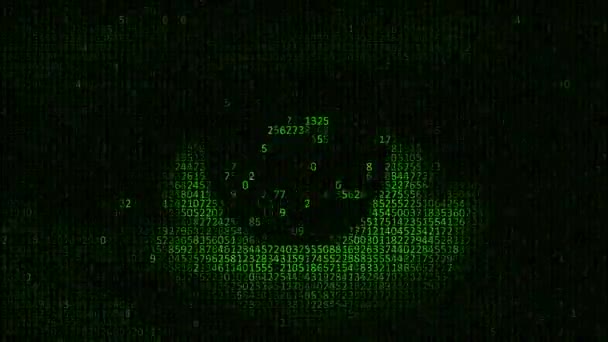 Хакер смотрит в камеру с ноутбуком, бинарными кодами проекции и анимации в фоновом режиме. шпионские программы. Сбор данных о человеке — стоковое видео