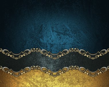Grunge blue background with a black ribbon with gold pattern. Element for design. Template for design. copy space for ad brochure or announcement invitation, abstract background.
