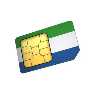 Beyaz arka planda izole edilmiş Sierra Loeone bayrağı olan 3D cep telefonu sim kartı çipi. 3d Hazırlama