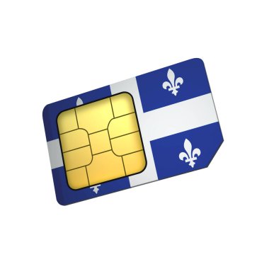 Beyaz arkaplanda Quebec bayrağı bulunan üç boyutlu cep telefonu sim kartı çipi. 3d Hazırlama