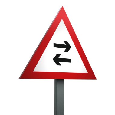 Üç Boyutlu Trafik İşareti İki Taraflı Trafik İşareti Beyaz Arkaplan üzerinden tek yönlü yoldan geçiyor