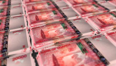 Uganda 'nın 3D illüstrasyonu 20.000 şilin banknotları arka planda diziliyor