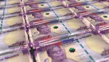 Nijerya 'nın 3 boyutlu resmi. Arkaplanda 100 Naira fatura yığını var.