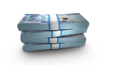 Gine 'nin 3D illüstrasyonu. 20.000 Frank' lık banknotlar arka planda duruyor.