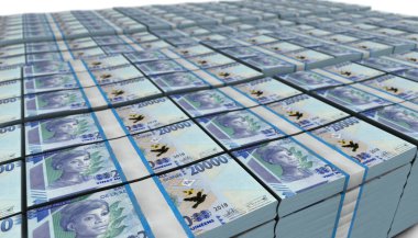 Gine 'nin 3D illüstrasyonu. 20.000 Frank' lık banknotlar arka planda duruyor.