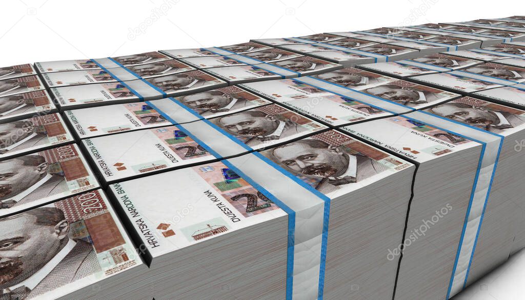 3D illustration of 200 Croatia  Kuna bills stacks background