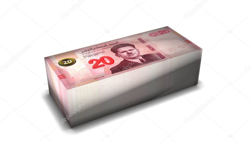 3D illustration of Tunisia 20 Dinars bills stacks background